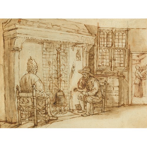 Two Men, One Elaborately Dressed, before a Fireplace, a Woman in a Kitchen Beyond (Recto); A Woman Bending forwards in Work, and a Dancing Putto (Verso)